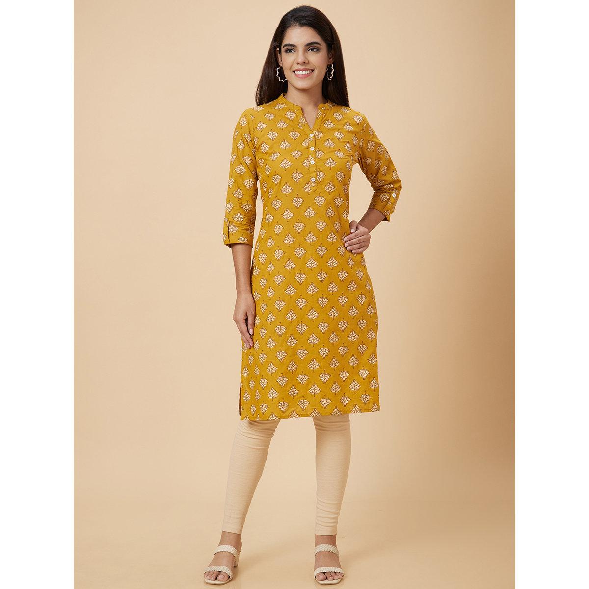 Globus X Styli Women Mustard Printed Straight Kurta-women-clothing-ethnicwear-kurtas-image-6