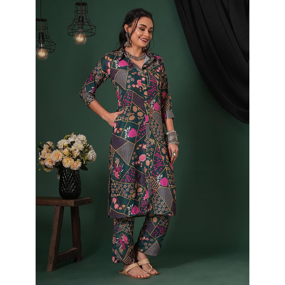 طقم من بنطال وكورتا بطبعة مُتباينة-women-clothing-ethnicwear-kurtasets-image-1