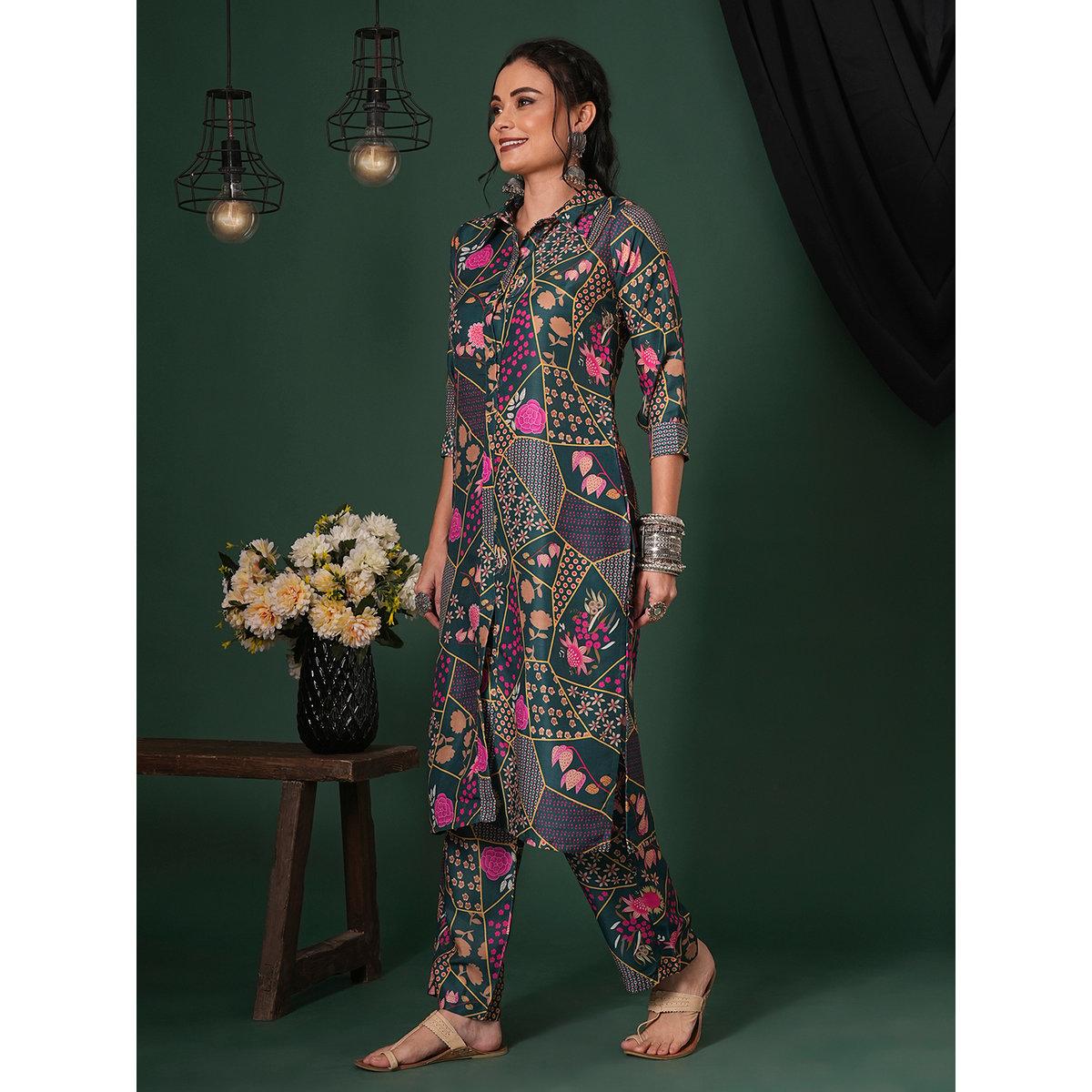 Globus X Styli Green Abstract Print Shirt Collar Kurta and Pants Fusion Set-women-clothing-ethnicwear-kurtasets-image-2