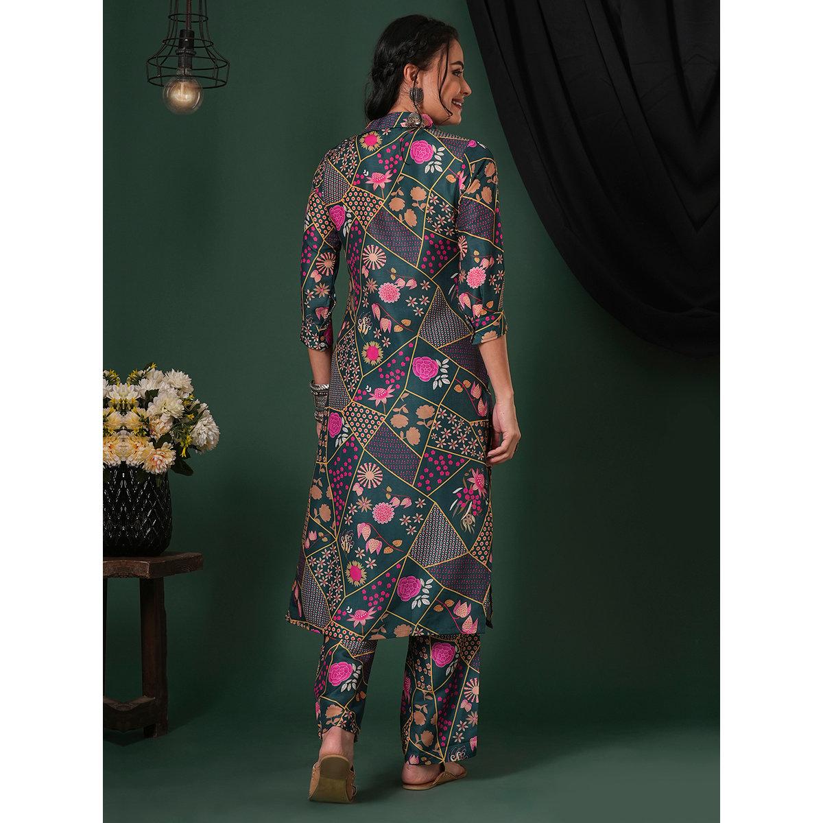 Globus X Styli Green Abstract Print Shirt Collar Kurta and Pants Fusion Set-women-clothing-ethnicwear-kurtasets-image-3