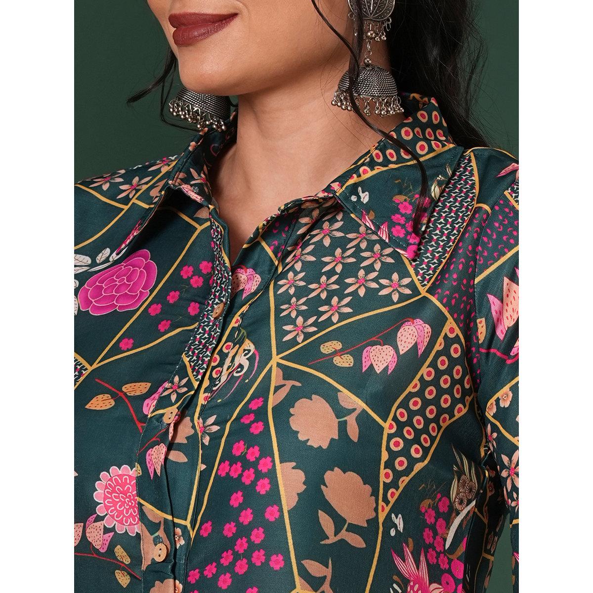 Globus X Styli Green Abstract Print Shirt Collar Kurta and Pants Fusion Set-women-clothing-ethnicwear-kurtasets-image-4
