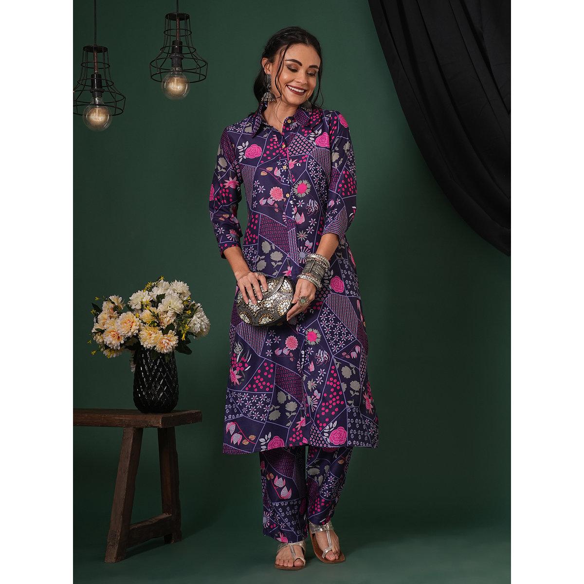 طقم منسق من بنطال وكورتا بقصة مستقيمة-women-clothing-ethnicwear-kurtasets-image-1