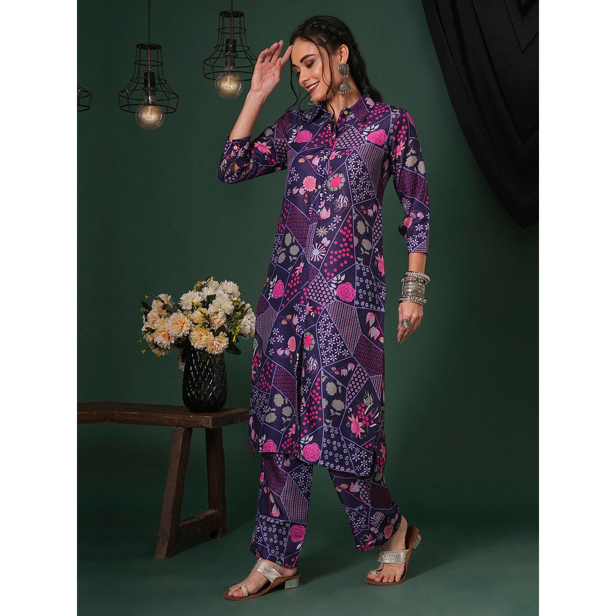 طقم منسق من بنطال وكورتا بقصة مستقيمة-women-clothing-ethnicwear-kurtasets-image-2