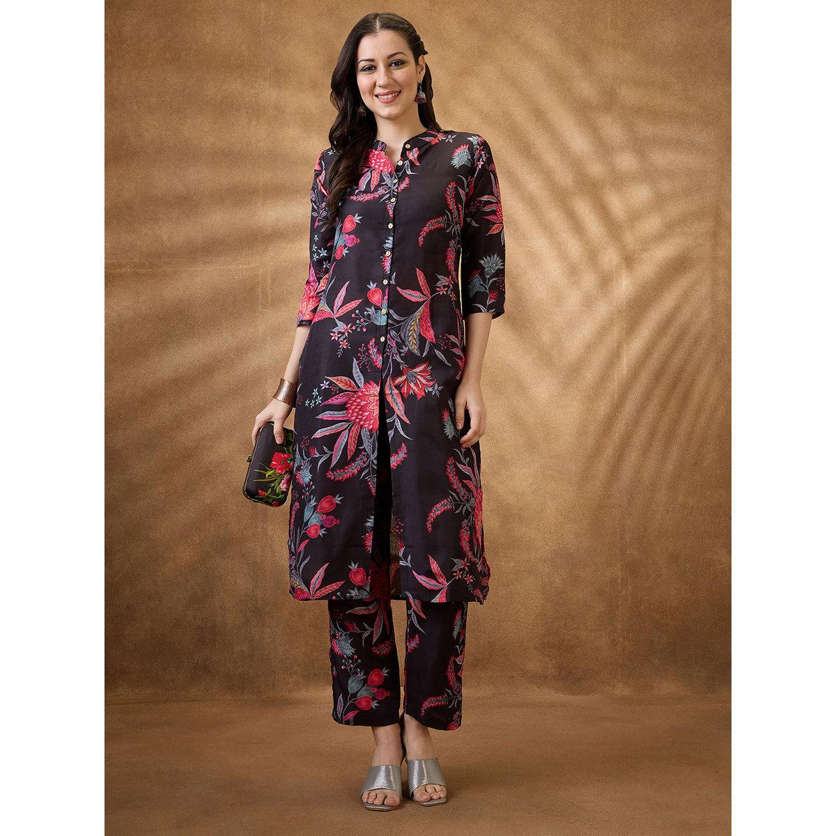 Globus X Styli Women Black Mandarin Collar Floral Print Kurta with Pants Set-women-clothing-ethnicwear-kurtasets-image-1