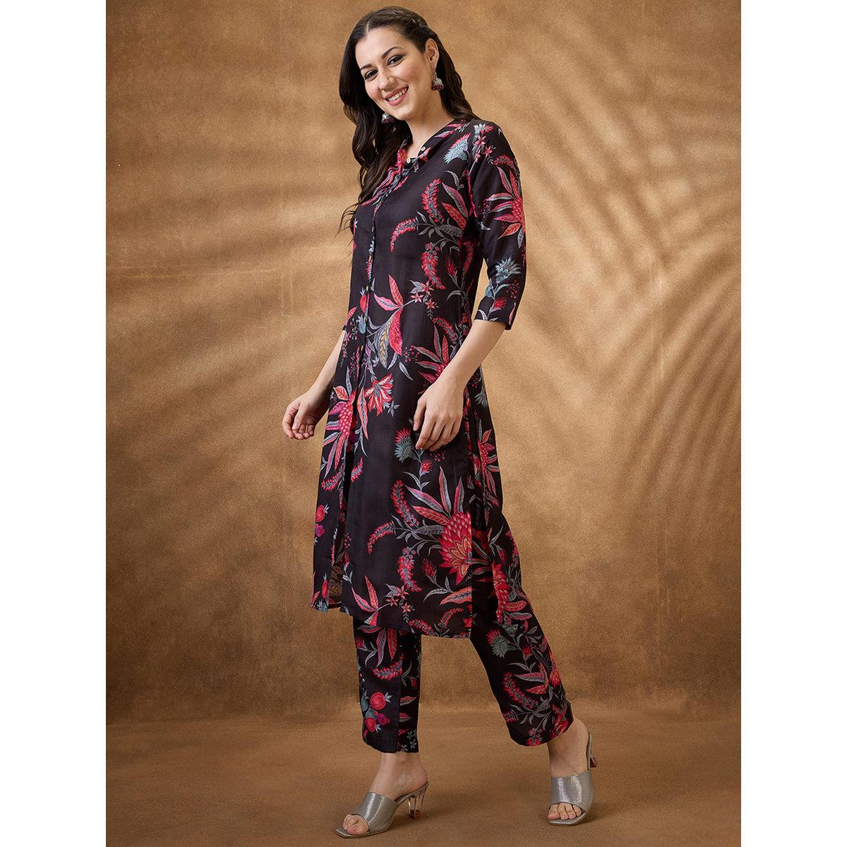 Globus X Styli Women Black Mandarin Collar Floral Print Kurta with Pants Set-women-clothing-ethnicwear-kurtasets-image-2