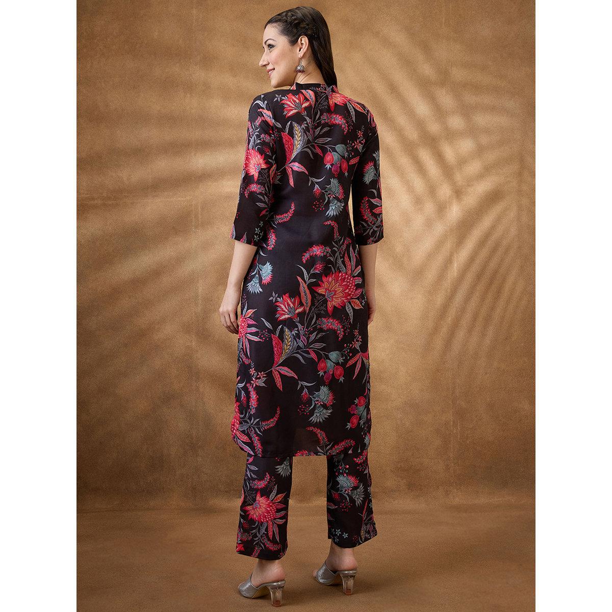 طقم من بنطال وكورتا بطبعة زهور-women-clothing-ethnicwear-kurtasets-image-3