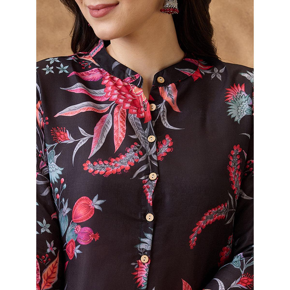 طقم من بنطال وكورتا بطبعة زهور-women-clothing-ethnicwear-kurtasets-image-4