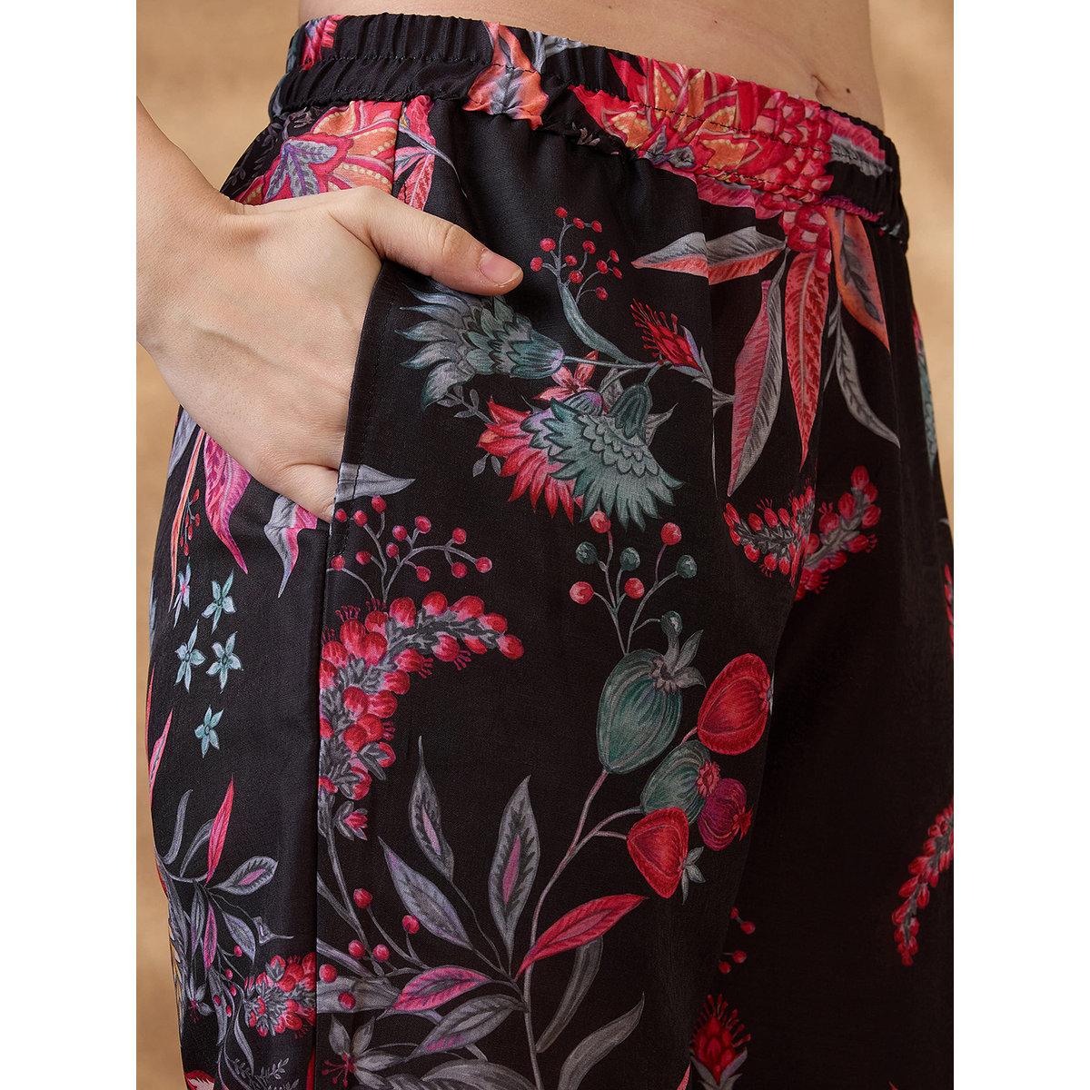 Globus X Styli Women Black Mandarin Collar Floral Print Kurta with Pants Set-women-clothing-ethnicwear-kurtasets-image-5