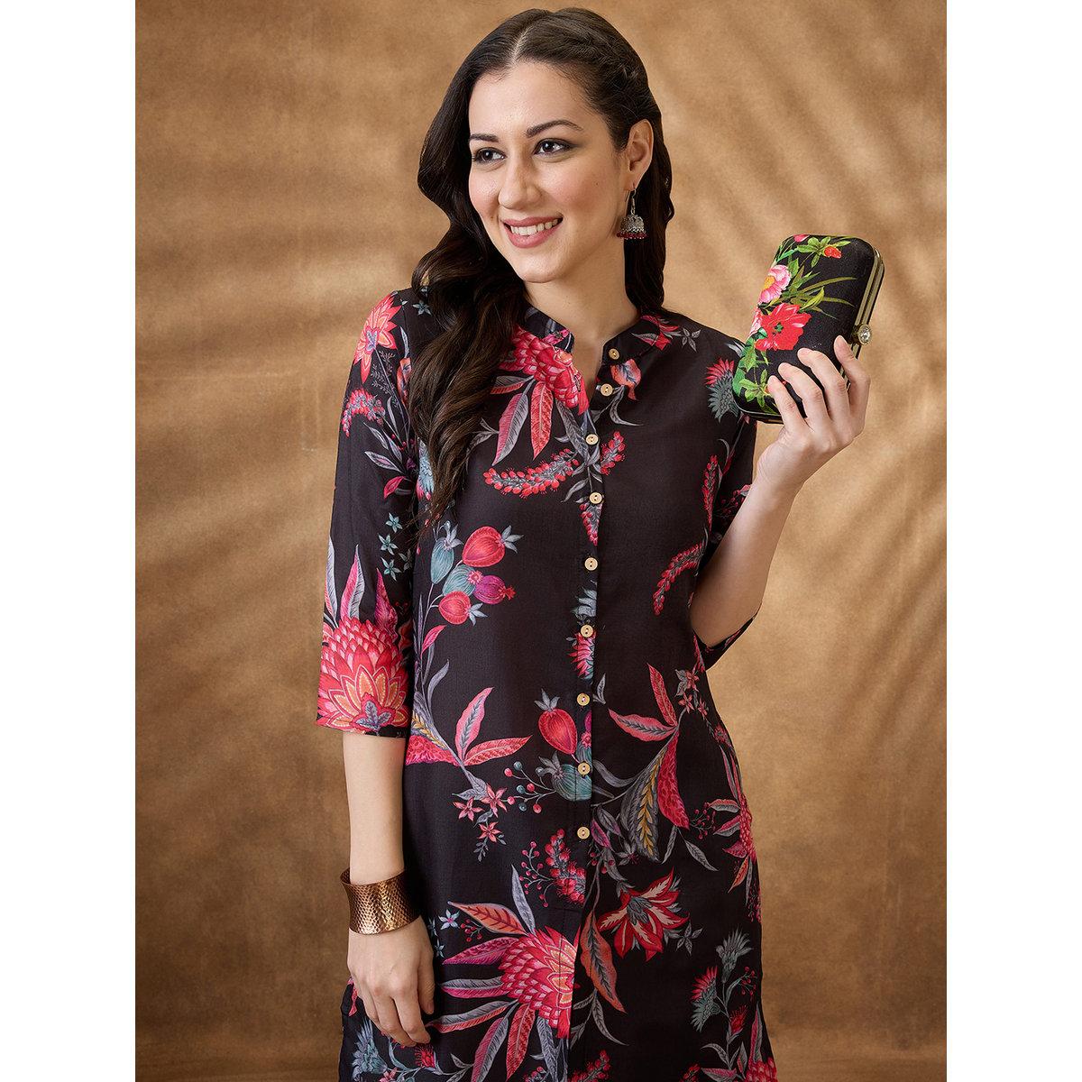 طقم من بنطال وكورتا بطبعة زهور-women-clothing-ethnicwear-kurtasets-image-6