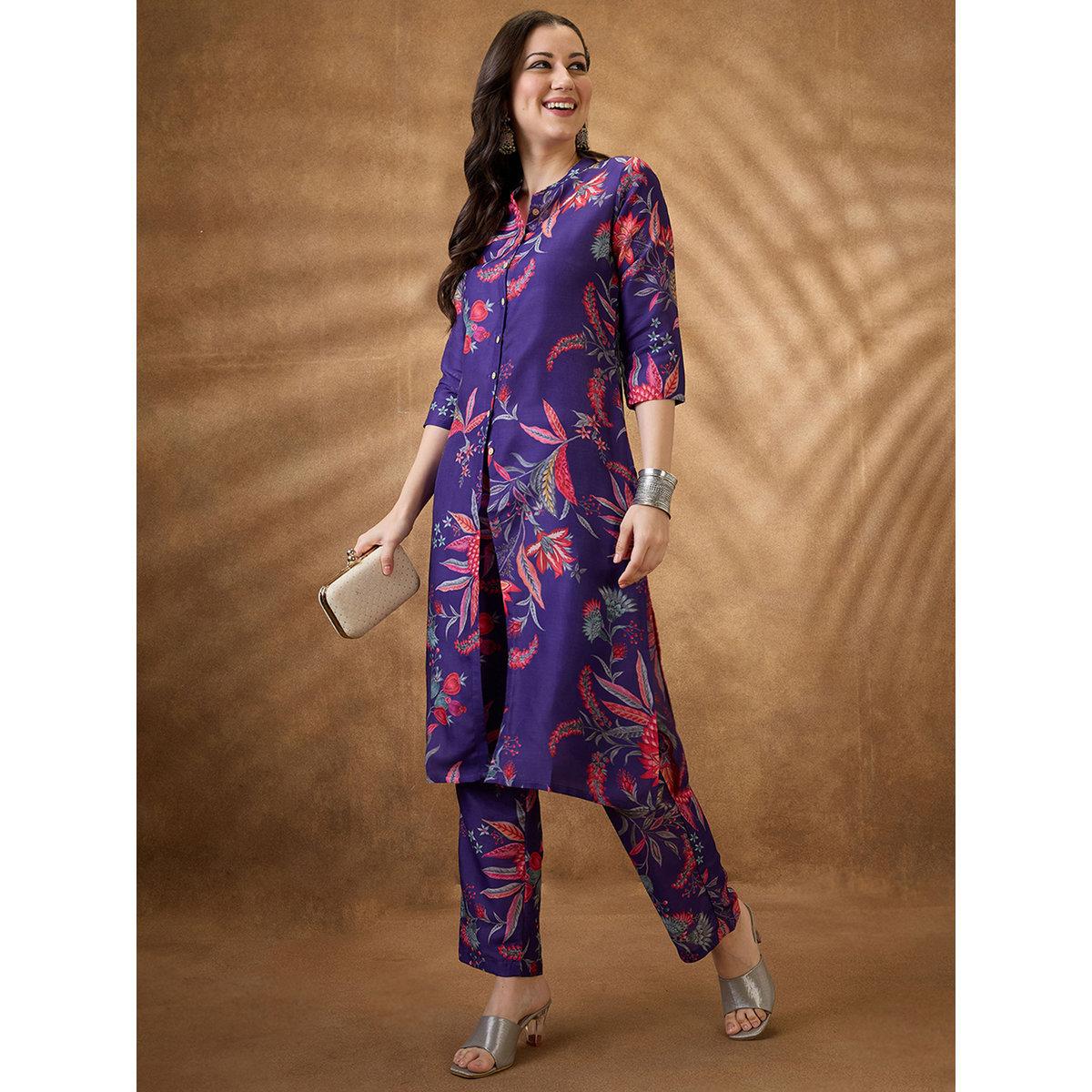 طقم من بنطال وكورتا بطبعة زهور-women-clothing-ethnicwear-kurtasets-image-1