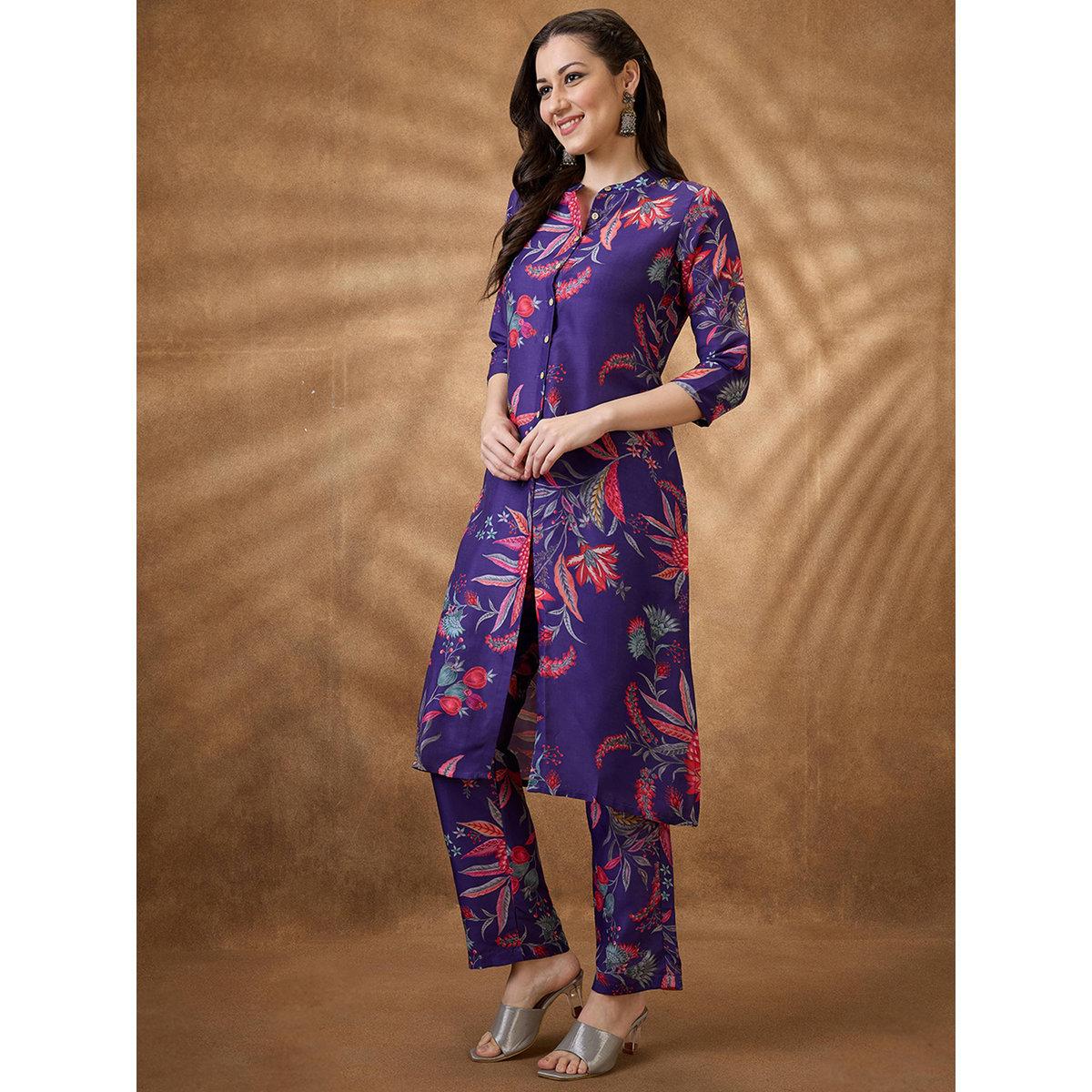 طقم من بنطال وكورتا بطبعة زهور-women-clothing-ethnicwear-kurtasets-image-2