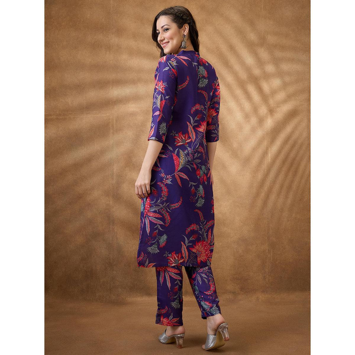 طقم من بنطال وكورتا بطبعة زهور-women-clothing-ethnicwear-kurtasets-image-3
