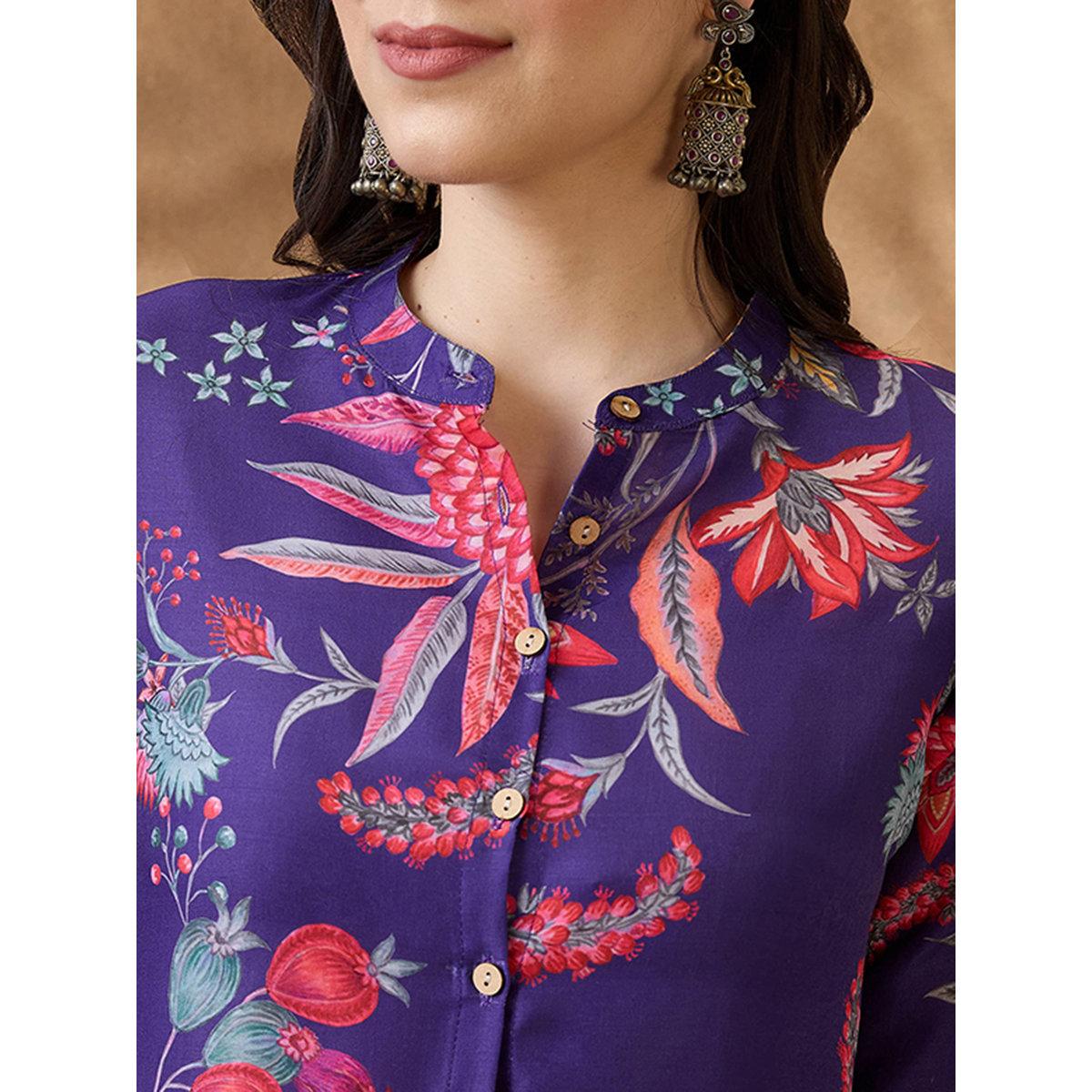 طقم من بنطال وكورتا بطبعة زهور-women-clothing-ethnicwear-kurtasets-image-4