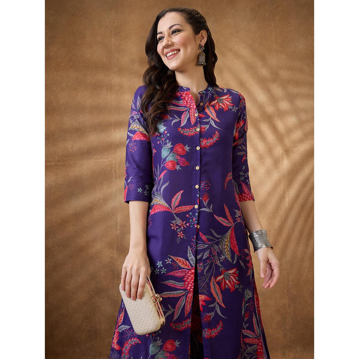 Globus X Styli Women Purple Floral Print Straight Kurta with Pants Set-women-clothing-ethnicwear-kurtasets-image-6
