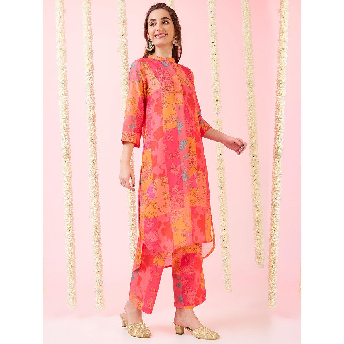 Globus X Styli Multi Floral Print High-Low Hem Kurta and Pants Fusion Set-women-clothing-ethnicwear-kurtasets-image-1