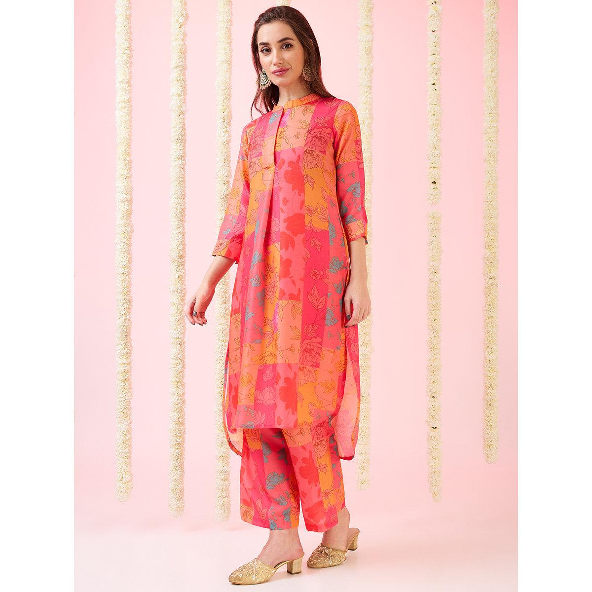 Globus X Styli Multi Floral Print High-Low Hem Kurta and Pants Fusion Set-women-clothing-ethnicwear-kurtasets-image-2