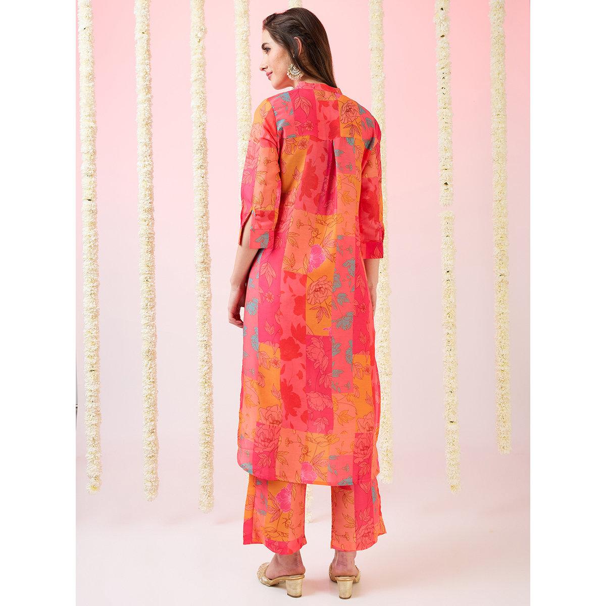 Globus X Styli Multi Floral Print High-Low Hem Kurta and Pants Fusion Set-women-clothing-ethnicwear-kurtasets-image-3