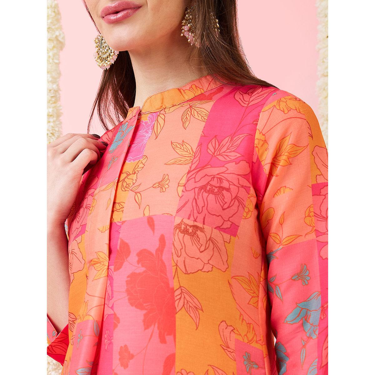 Globus X Styli Multi Floral Print High-Low Hem Kurta and Pants Fusion Set-women-clothing-ethnicwear-kurtasets-image-4