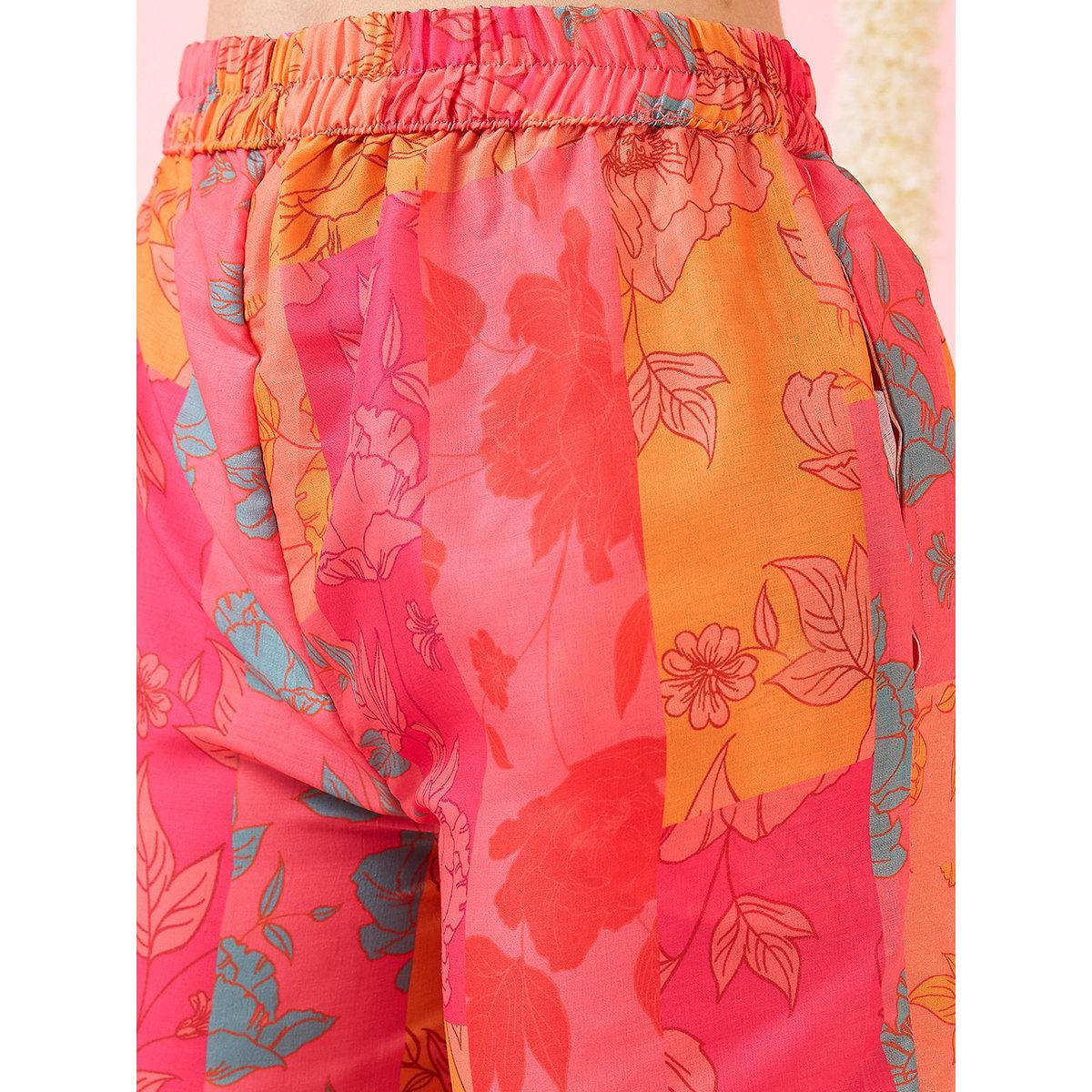 Globus X Styli Multi Floral Print High-Low Hem Kurta and Pants Fusion Set-women-clothing-ethnicwear-kurtasets-image-5