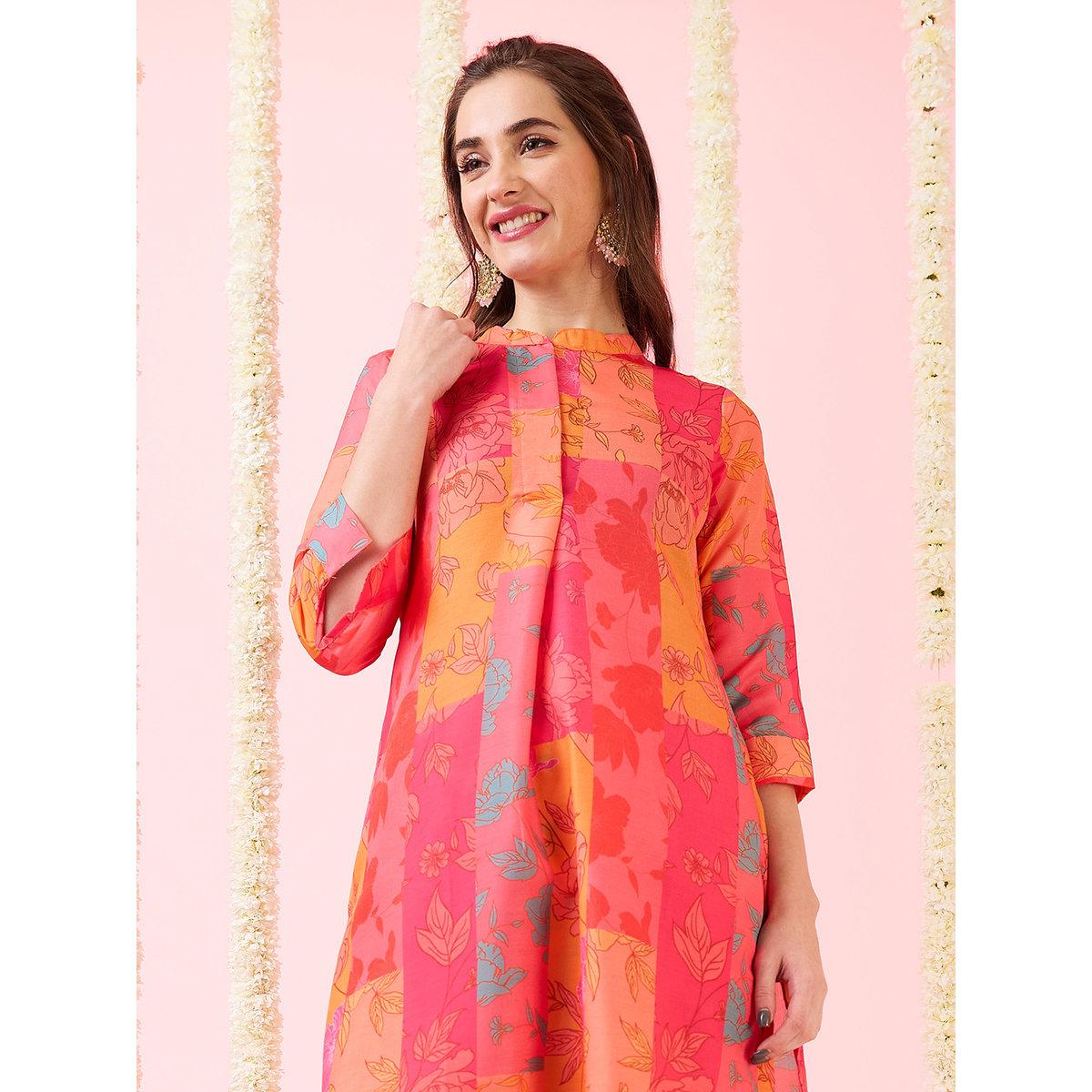 Globus X Styli Multi Floral Print High-Low Hem Kurta and Pants Fusion Set-women-clothing-ethnicwear-kurtasets-image-6