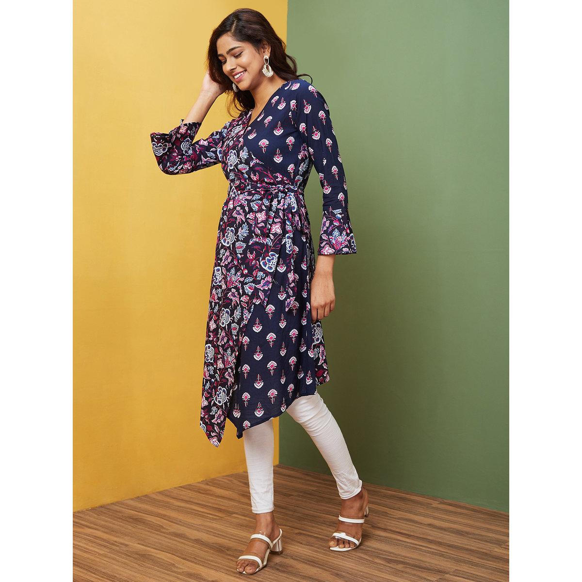 Globus X Styli Women Navy Printed V-Neck A-Line Kurta-women-clothing-ethnicwear-kurtas-image-2
