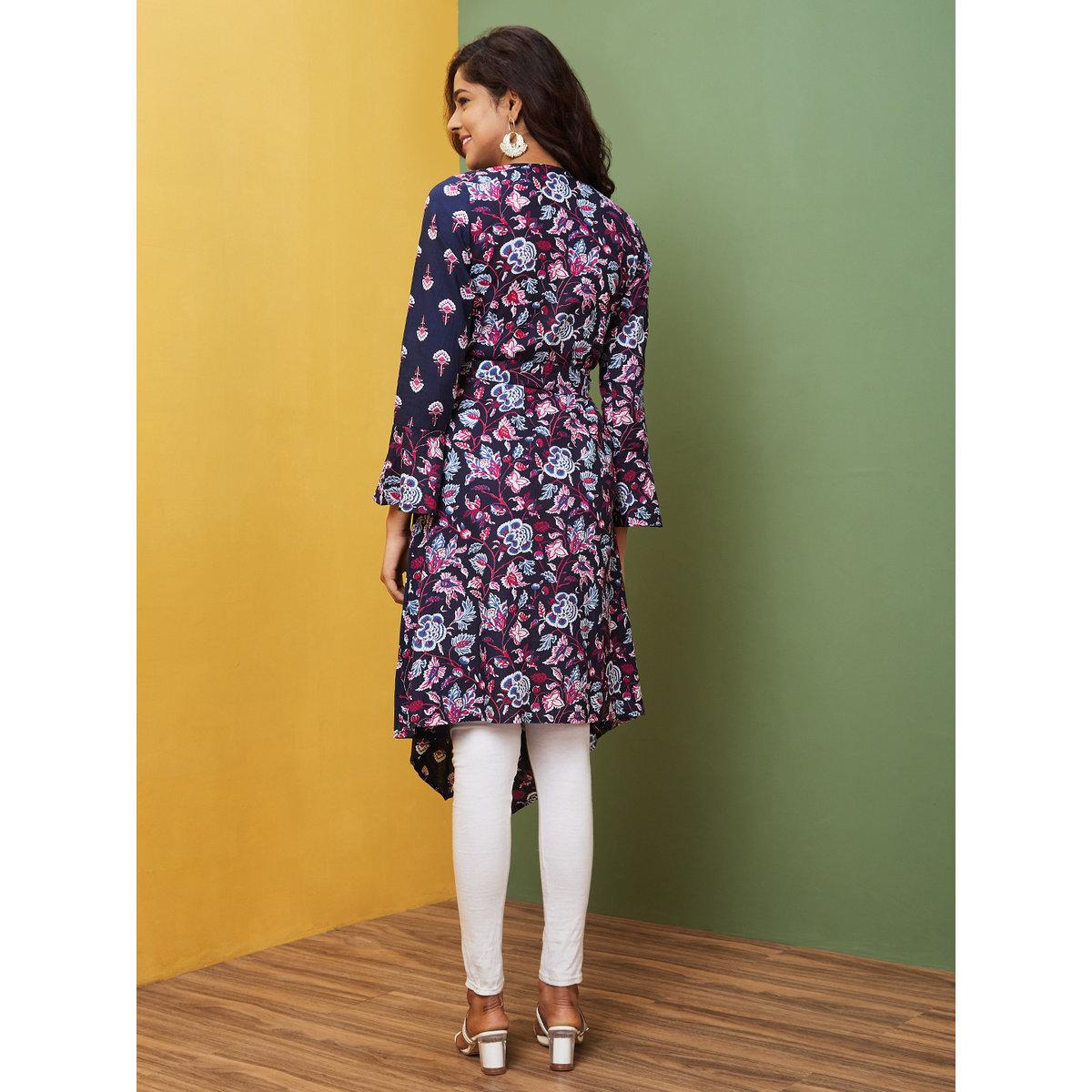 Globus X Styli Women Navy Printed V-Neck A-Line Kurta-women-clothing-ethnicwear-kurtas-image-3