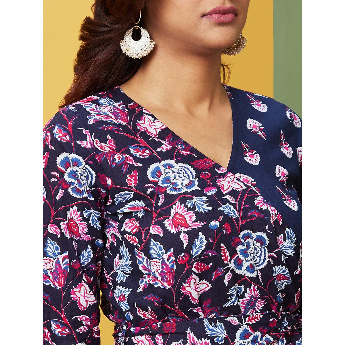 Globus X Styli Women Navy Printed V-Neck A-Line Kurta-women-clothing-ethnicwear-kurtas-image-4