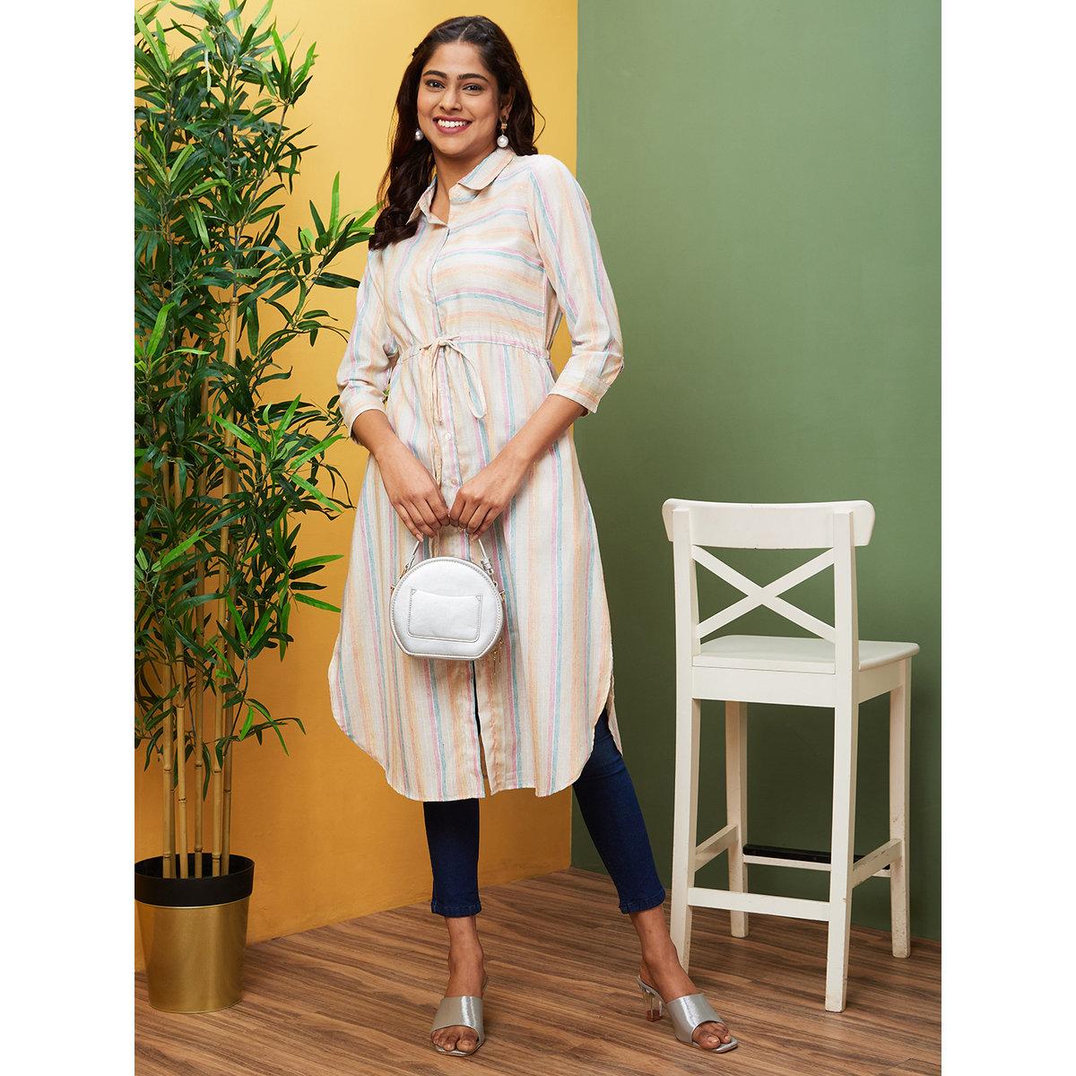 Globus X Styli Women Striped Shirt Collar Regular Kurta-women-clothing-ethnicwear-kurtas-image-1