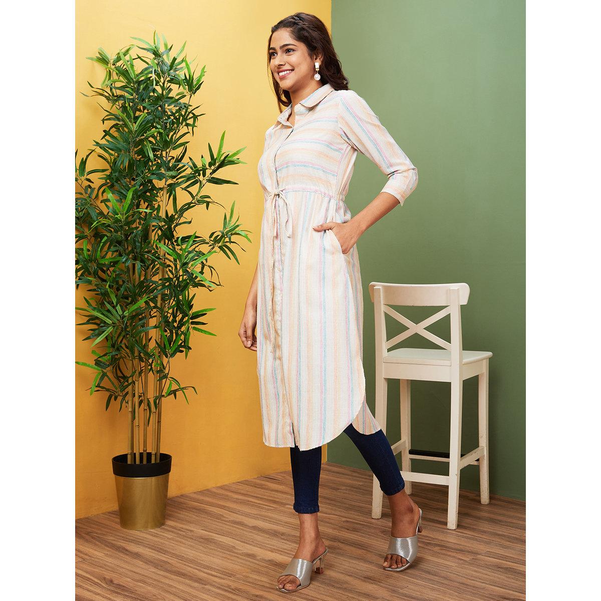 Globus X Styli Women Striped Shirt Collar Regular Kurta-women-clothing-ethnicwear-kurtas-image-2