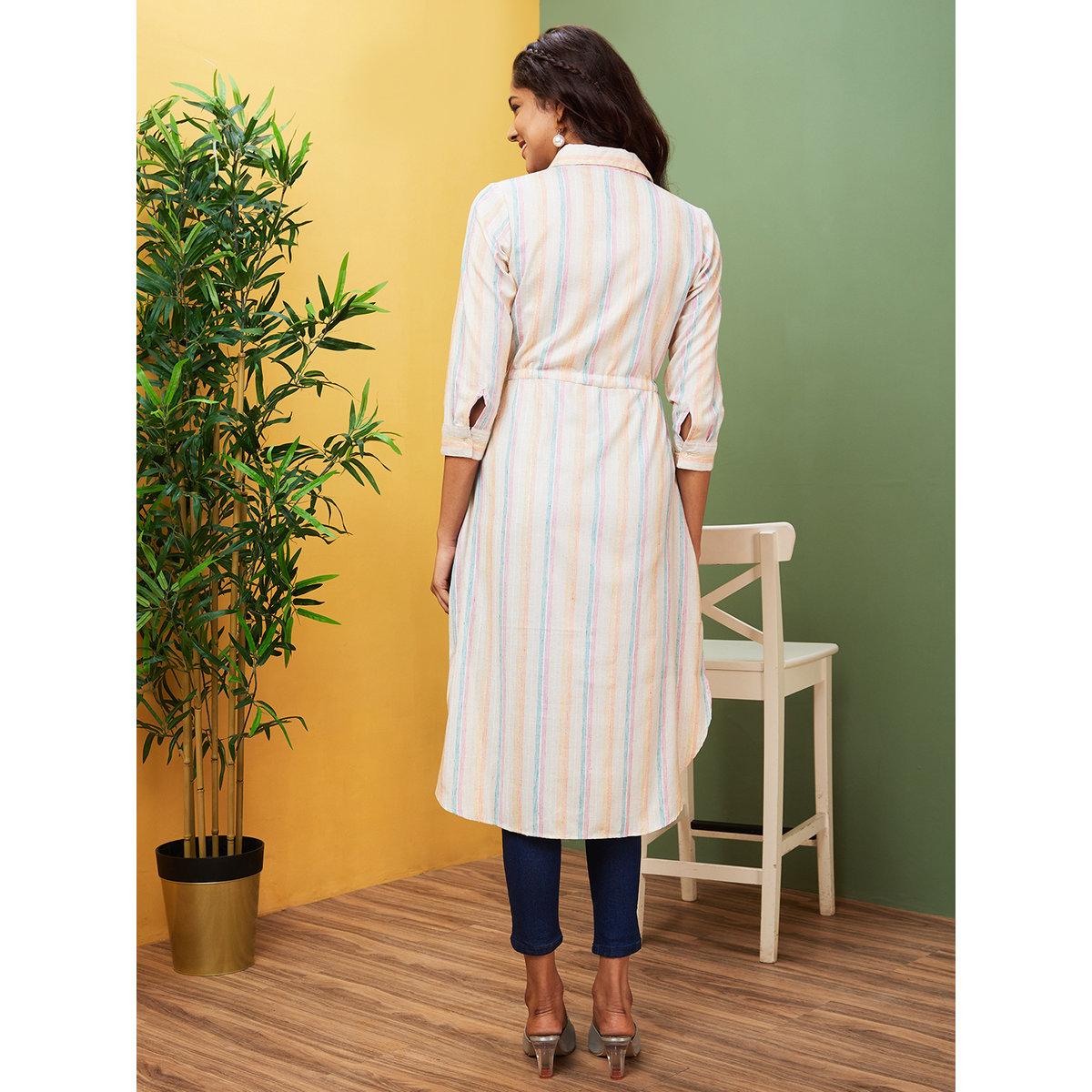 Globus X Styli Women Striped Shirt Collar Regular Kurta-women-clothing-ethnicwear-kurtas-image-3