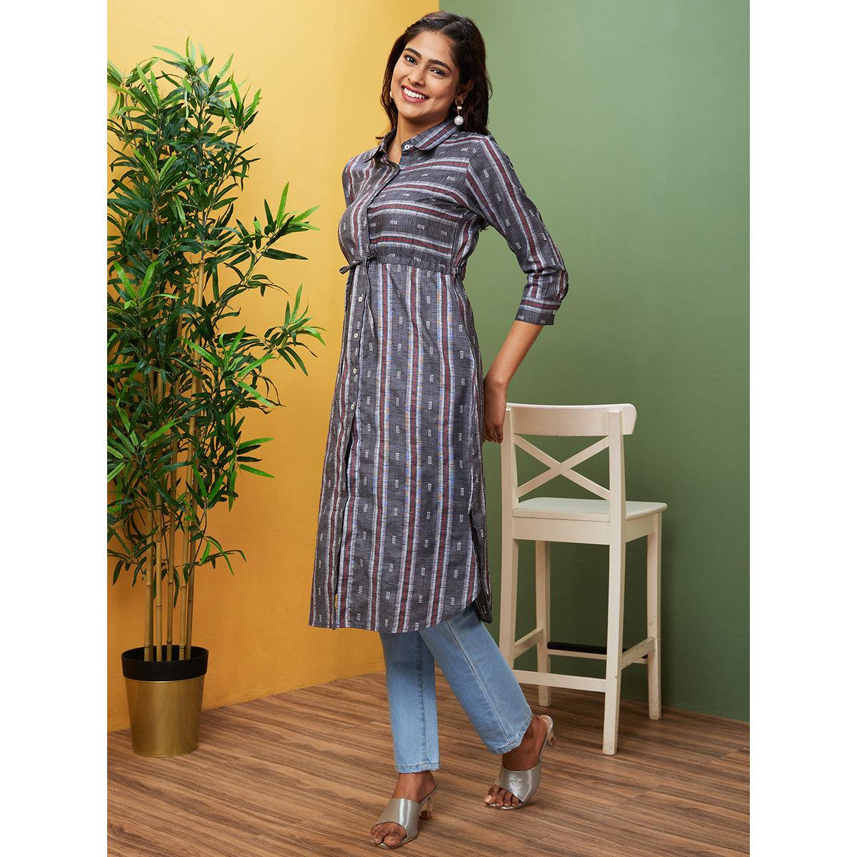 Globus X Styli Women Black Shirt Collar Regular Kurta-women-clothing-ethnicwear-kurtas-image-2