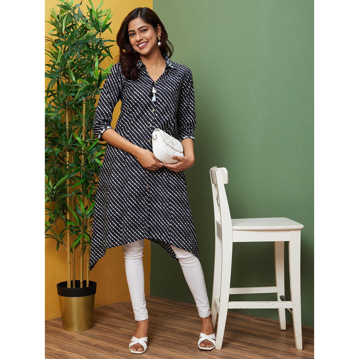 Globus X Styli Women Black Printed Shirt Collar A-Line Kurta-women-clothing-ethnicwear-kurtas-image-1