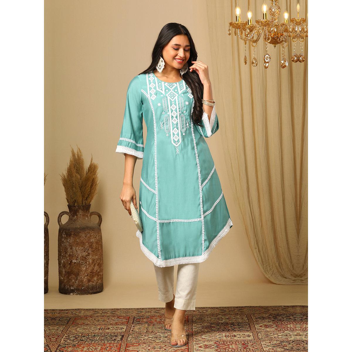 كورتا بتفاصيل مُطرزة ودانتيل-women-clothing-ethnicwear-kurtas-image-1