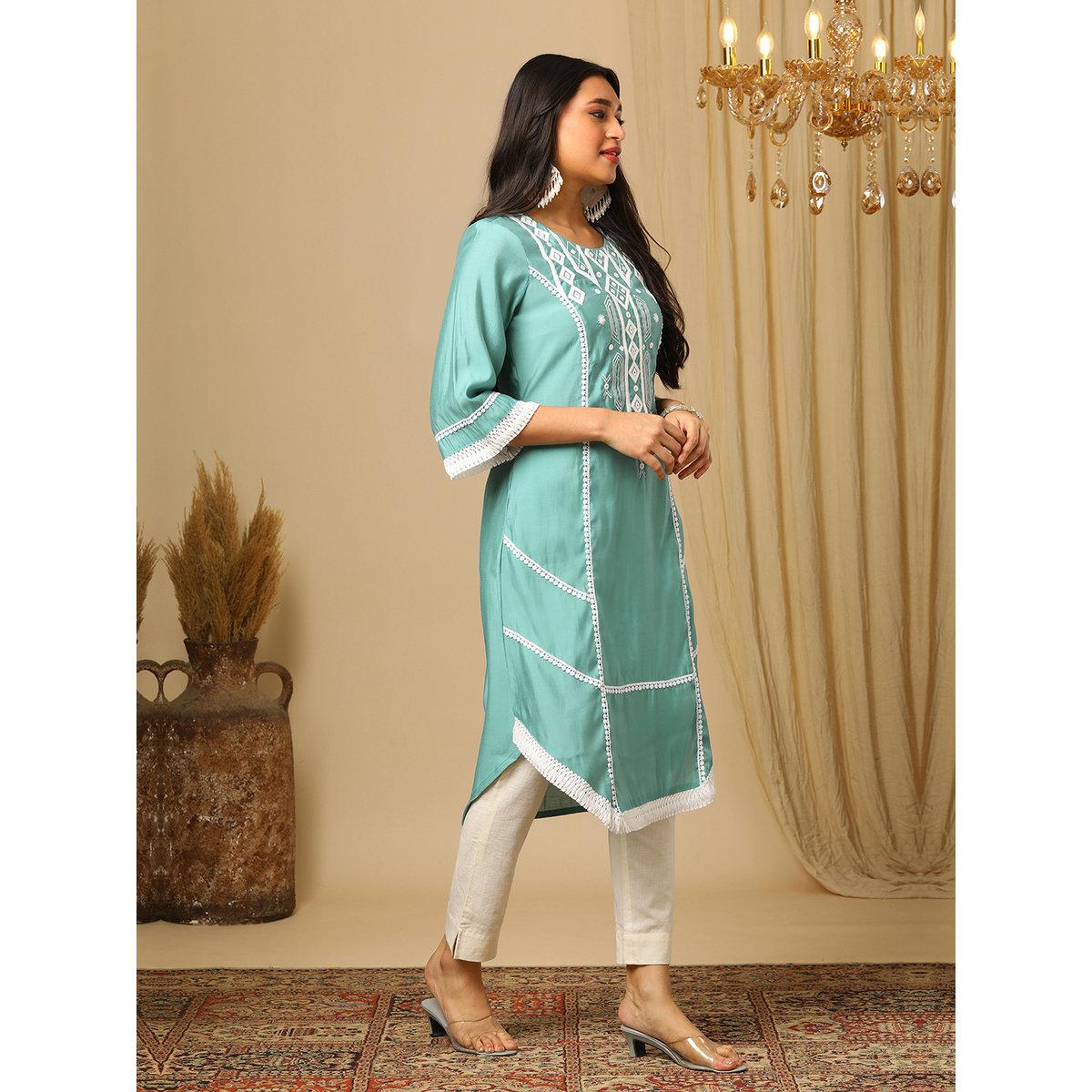 كورتا بتفاصيل مُطرزة ودانتيل-women-clothing-ethnicwear-kurtas-image-2