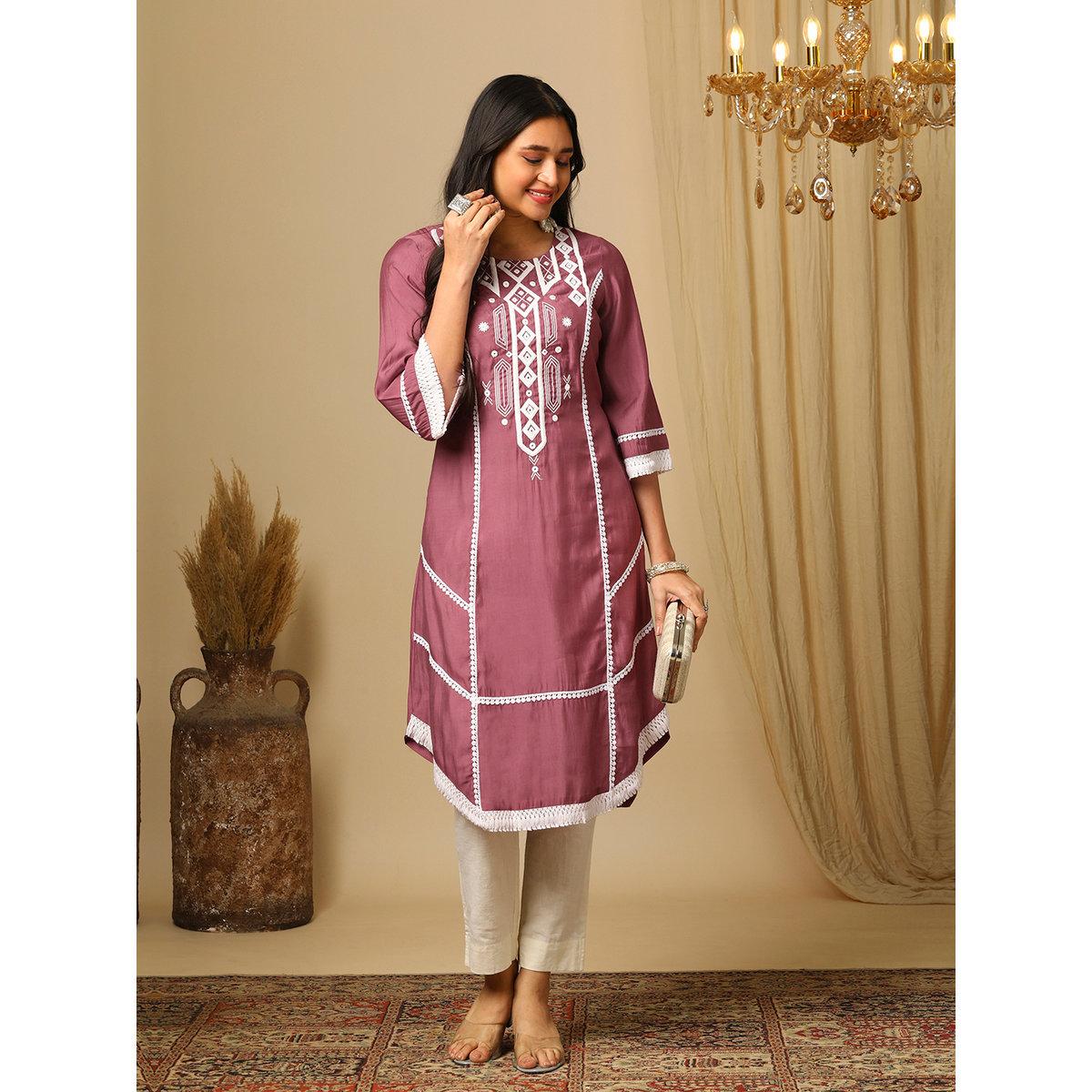 كورتا بتفاصيل مُطرزة ودانتيل-women-clothing-ethnicwear-kurtas-image-1