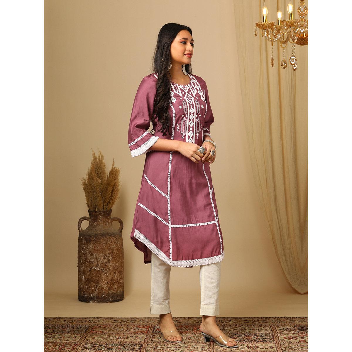 كورتا بتفاصيل مُطرزة ودانتيل-women-clothing-ethnicwear-kurtas-image-2