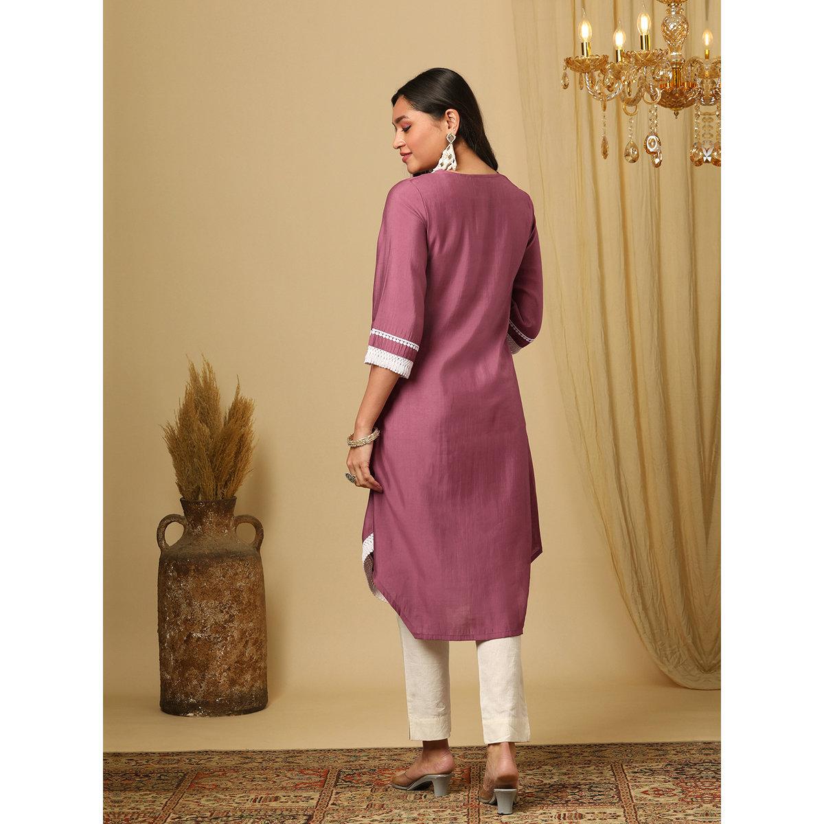 كورتا بتفاصيل مُطرزة ودانتيل-women-clothing-ethnicwear-kurtas-image-3