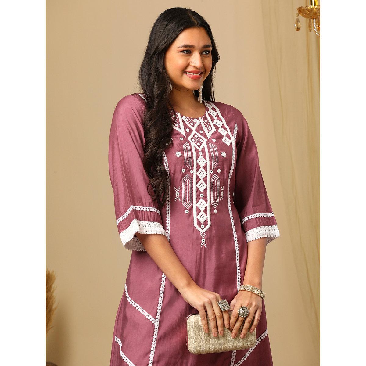 كورتا بتفاصيل مُطرزة ودانتيل-women-clothing-ethnicwear-kurtas-image-6