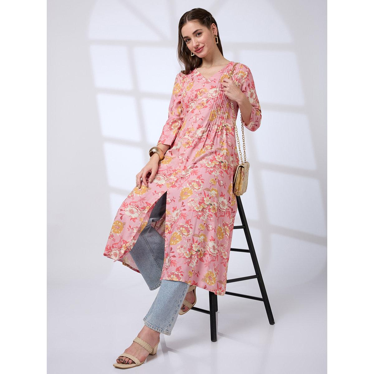 Globus X Styli Women Pink V-Neck Floral Print Kurta-women-clothing-ethnicwear-kurtas-image-1