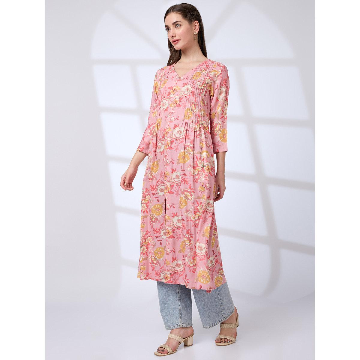 Globus X Styli Women Pink V-Neck Floral Print Kurta-women-clothing-ethnicwear-kurtas-image-2
