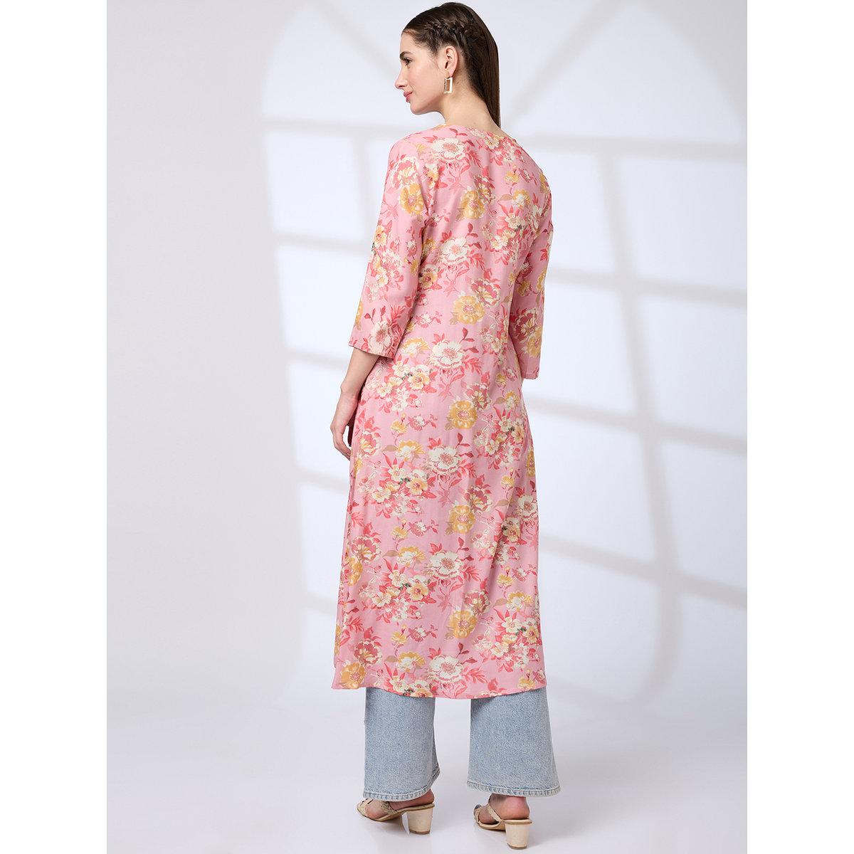 Globus X Styli Women Pink V-Neck Floral Print Kurta-women-clothing-ethnicwear-kurtas-image-3