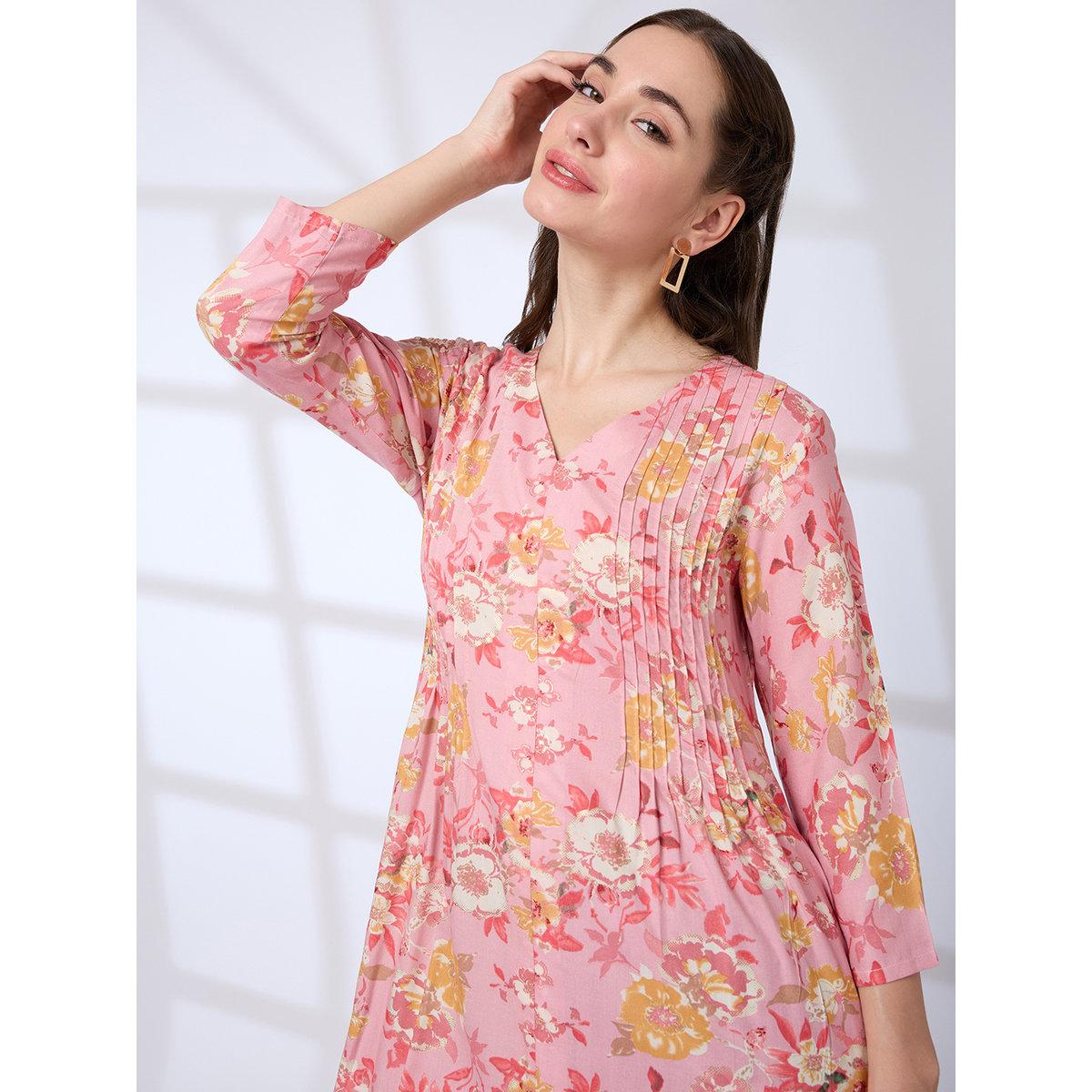 Globus X Styli Women Pink V-Neck Floral Print Kurta-women-clothing-ethnicwear-kurtas-image-5