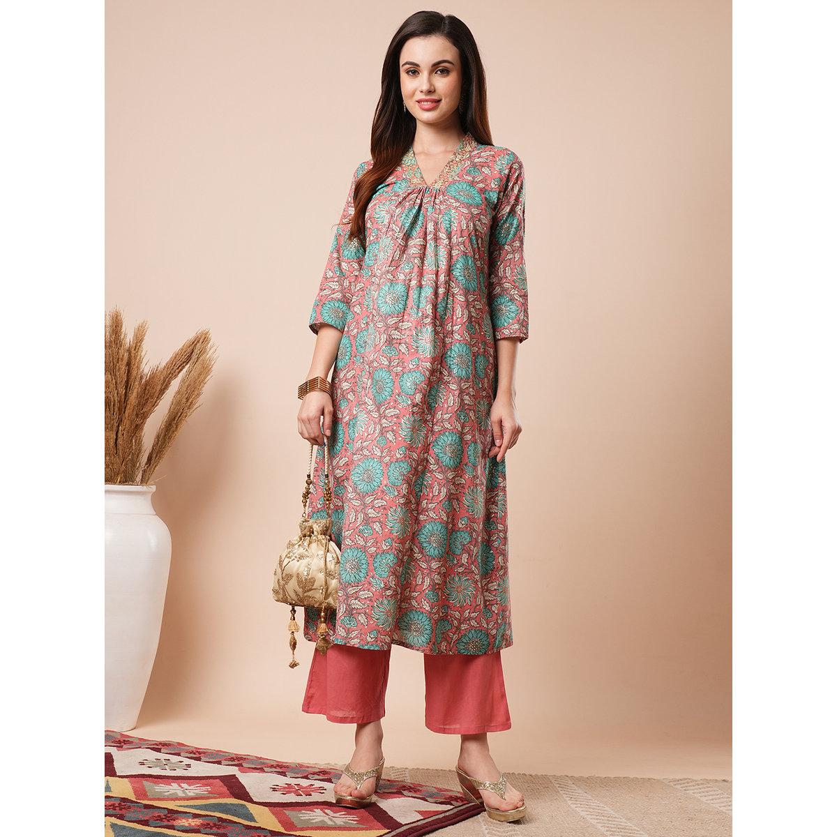 Globus X Styli Red Floral Print Kurta and Elasticated Pants Workwear Set-women-clothing-ethnicwear-kurtasets-image-1