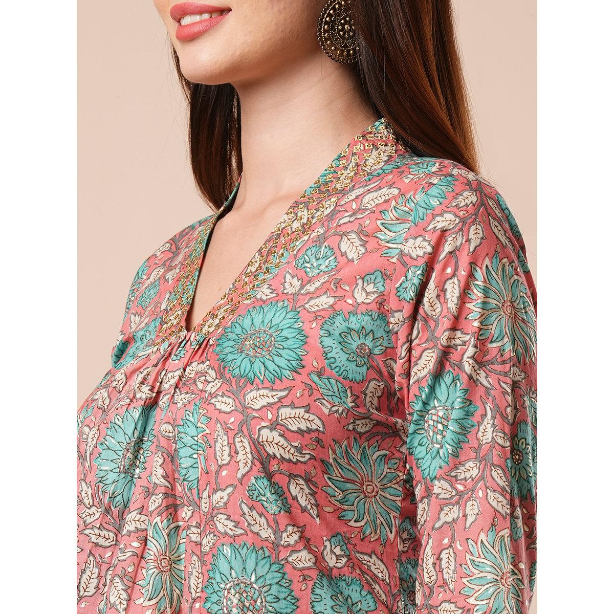 Globus X Styli Red Floral Print Kurta and Elasticated Pants Workwear Set-women-clothing-ethnicwear-kurtasets-image-4
