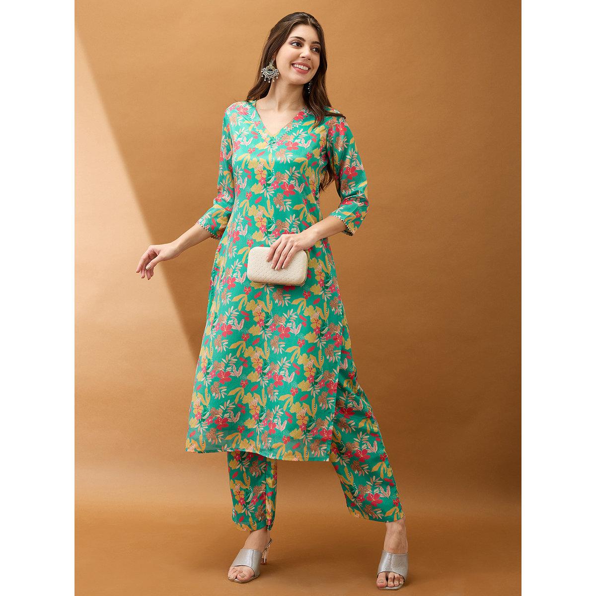 طقم من بنطال وكورتا بطبعة زهور-women-clothing-ethnicwear-kurtasets-image-1