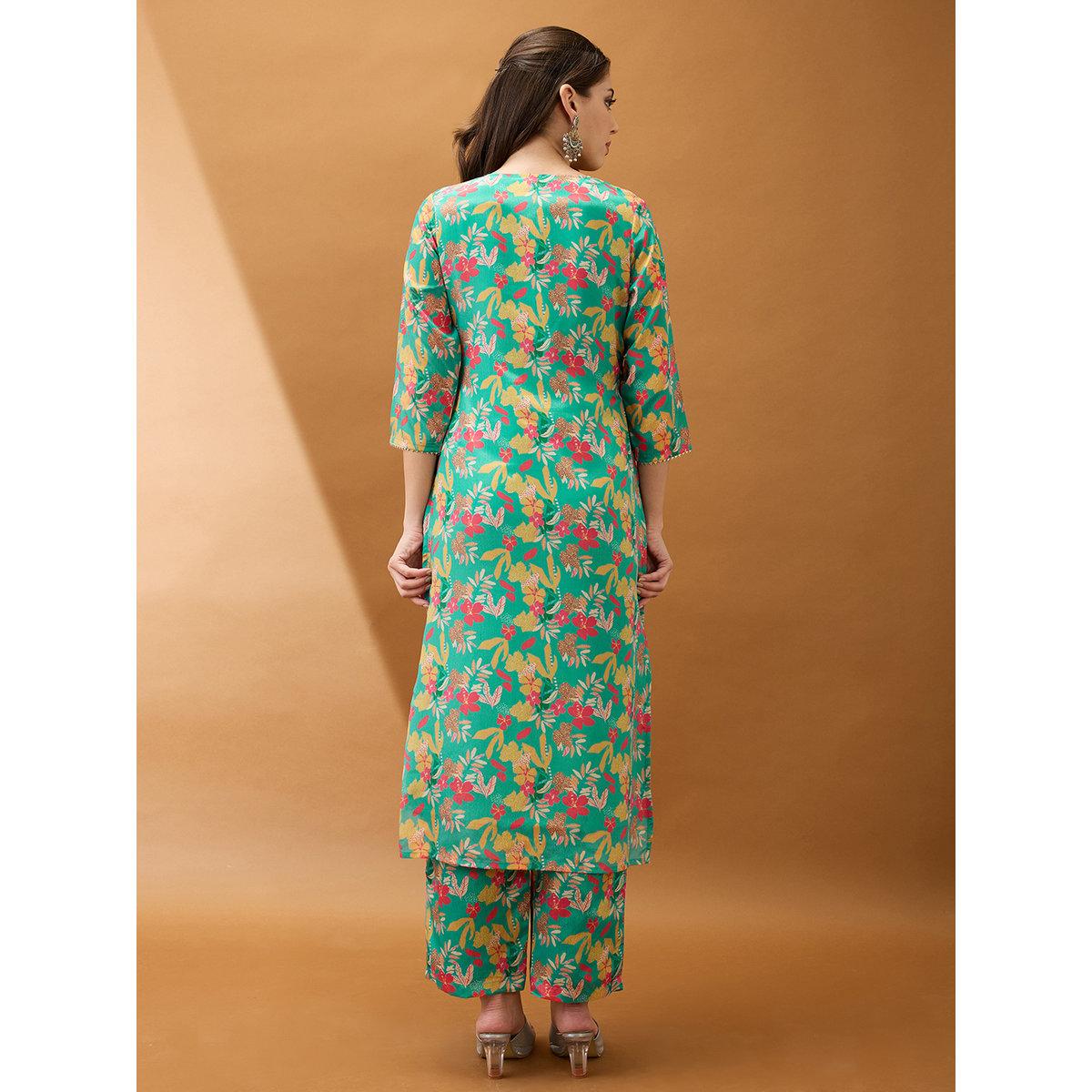 طقم من بنطال وكورتا بطبعة زهور-women-clothing-ethnicwear-kurtasets-image-3