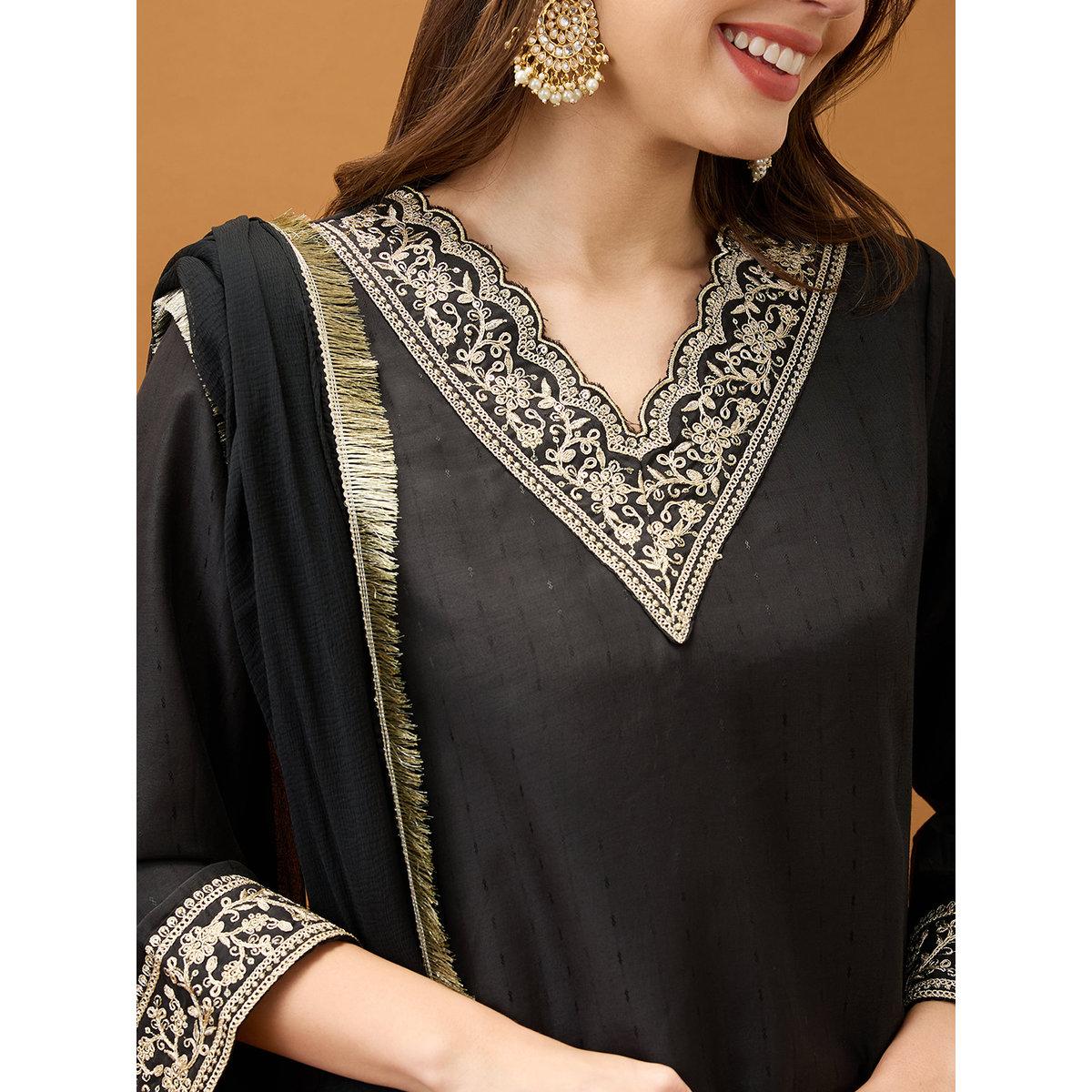 Globus X Styli Women Black Sequined Kurta with Pant and Dupatta Set-women-clothing-ethnicwear-kurtasets-image-4