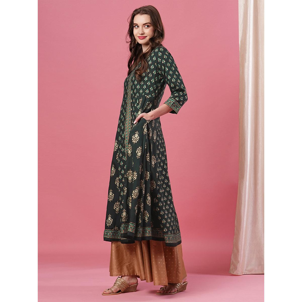 Globus X Styli Dark Green Ethnic Motifs Print Paneled Anarkali Kurta-women-clothing-ethnicwear-kurtas-image-2