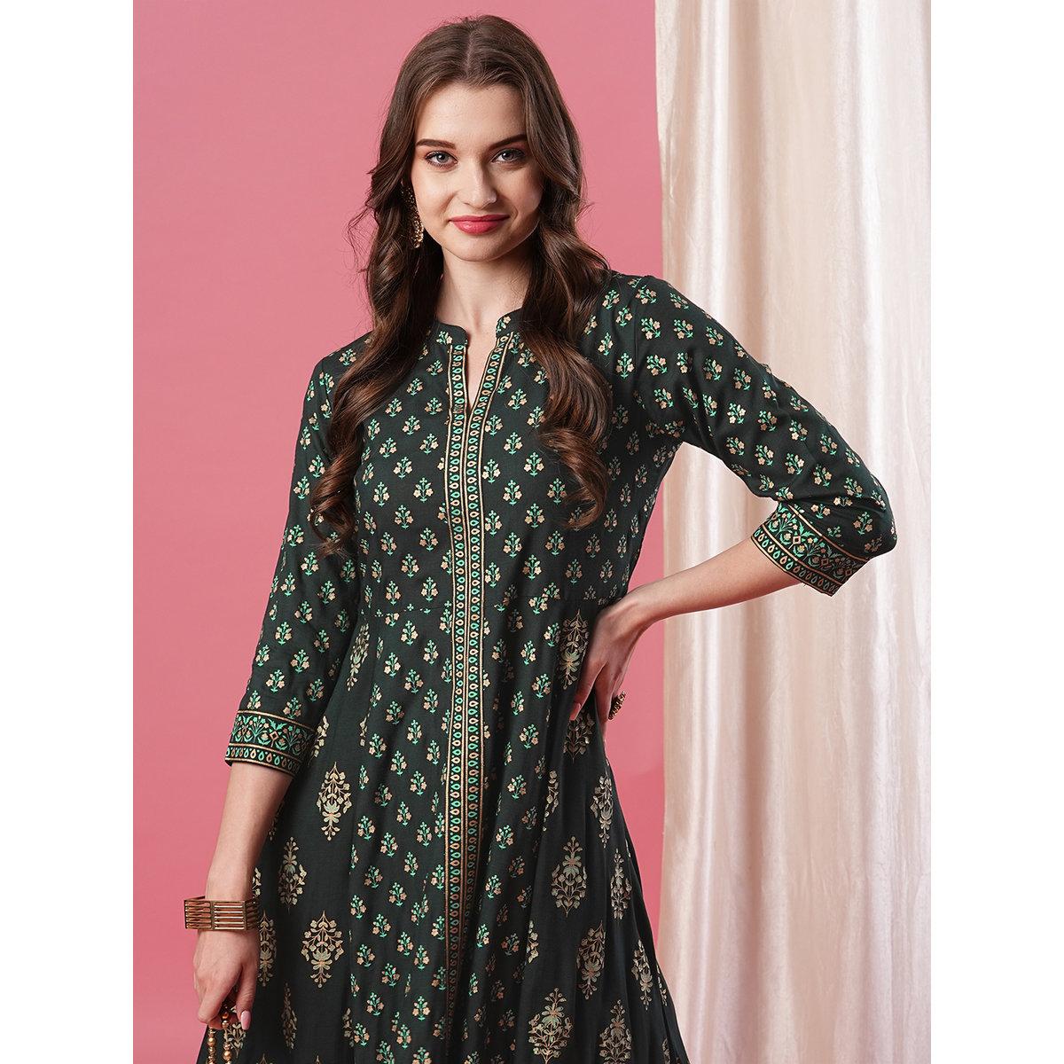 Globus X Styli Dark Green Ethnic Motifs Print Paneled Anarkali Kurta-women-clothing-ethnicwear-kurtas-image-5