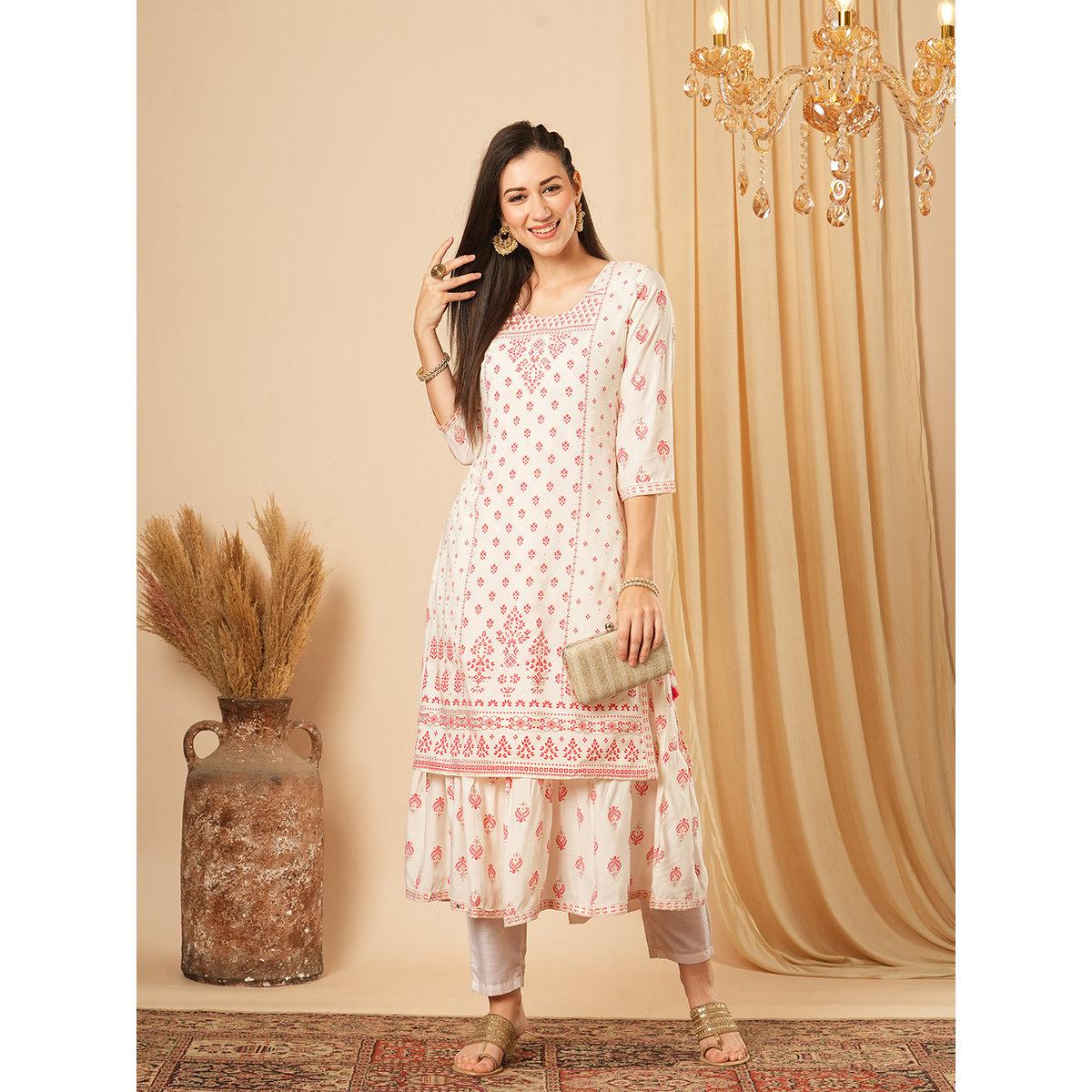 Globus X Styli Off White Gold Foil Ethnic Print Layered Festive Kurta-women-clothing-ethnicwear-kurtas-image-1
